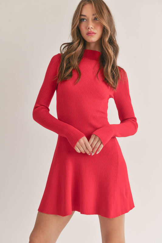 MOCK NECK LONG SLEEVE FIT AND FLARE MINI DRESS