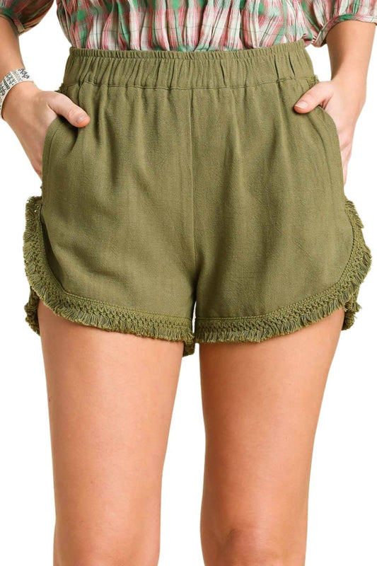 Linen Blend Elastic Waist Band Shorts