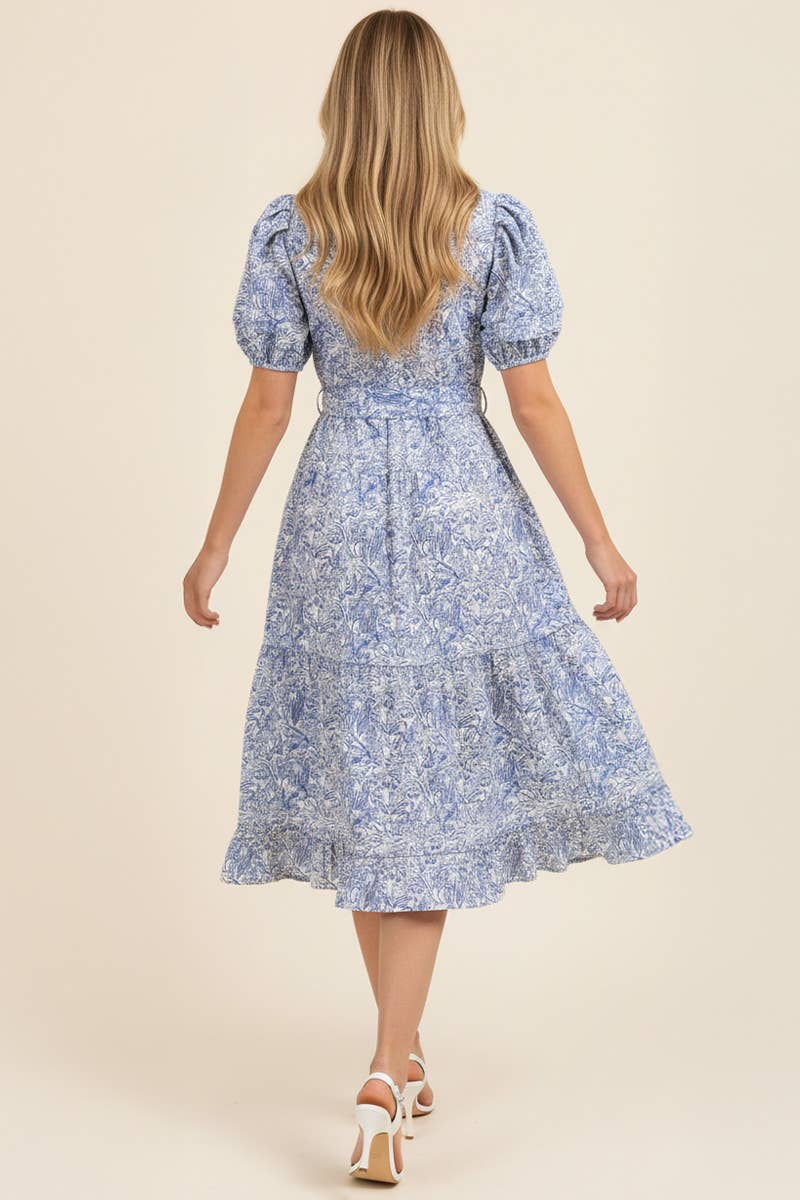 FLORAL PRINT TIERED MIDI DRESS WITH PUFF SLEEVES - 5704DB