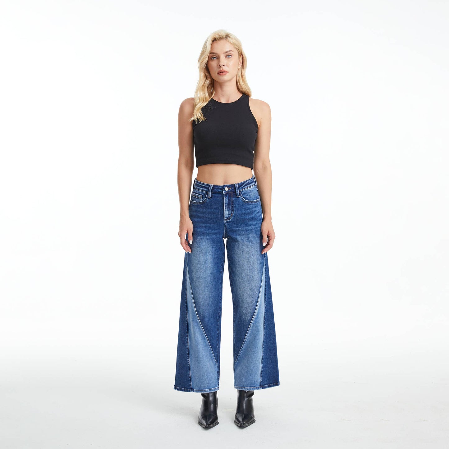 HIGH RISE TWO-TONES WIDE LEG JEANS