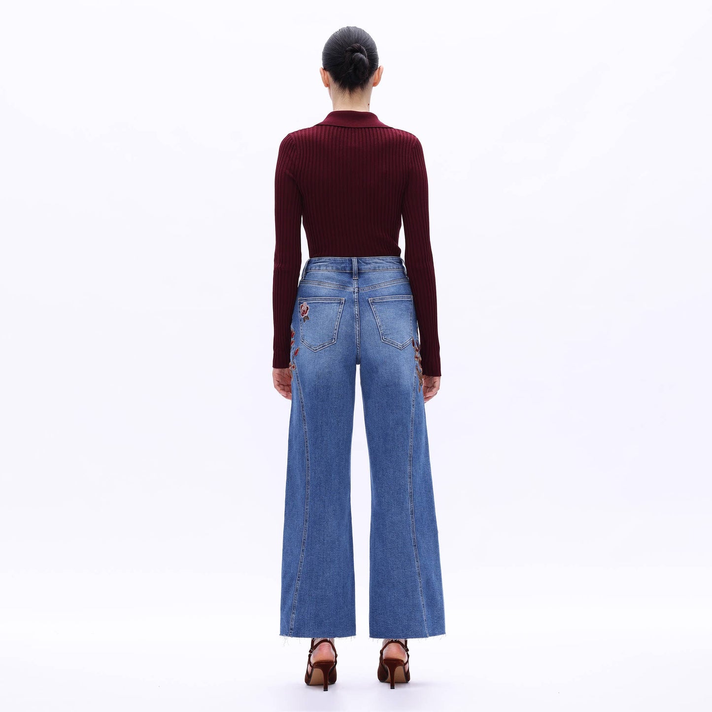 HIGH RISE EMBROIDERED WIDE LEG JEANS WITH RAW HEM BYW8254