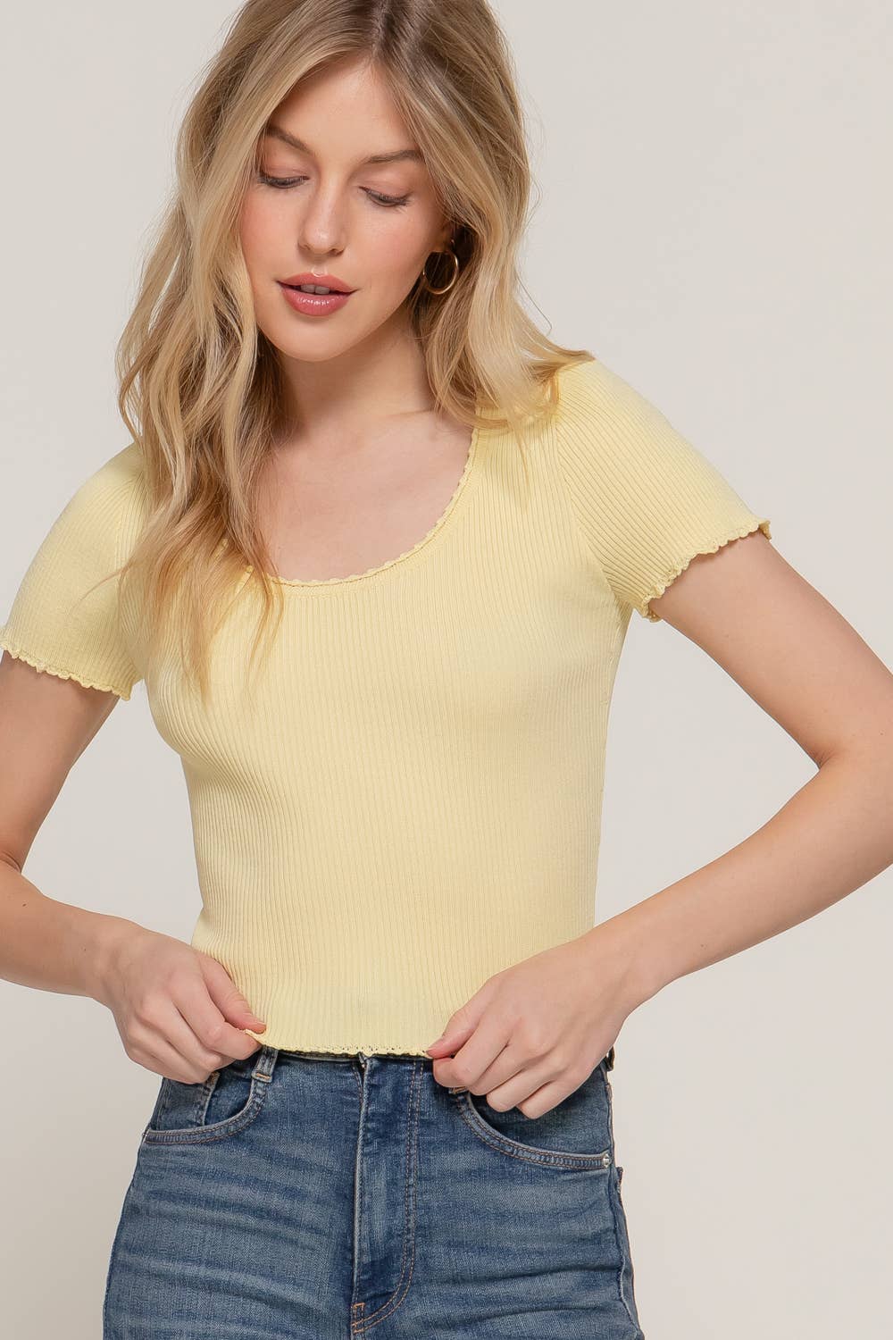 Short Sleeve Scoop Neck With Scallop Detail Spring Sweater