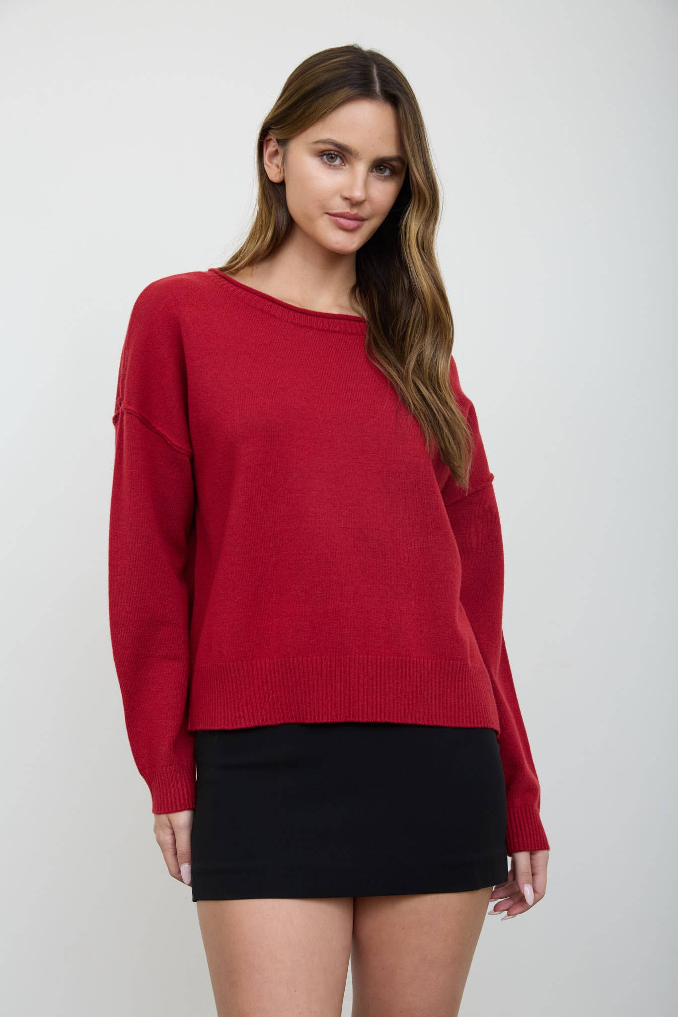 BOAT NECK RAW EDGE RELAXED KNIT PULLOVER SWEATER
