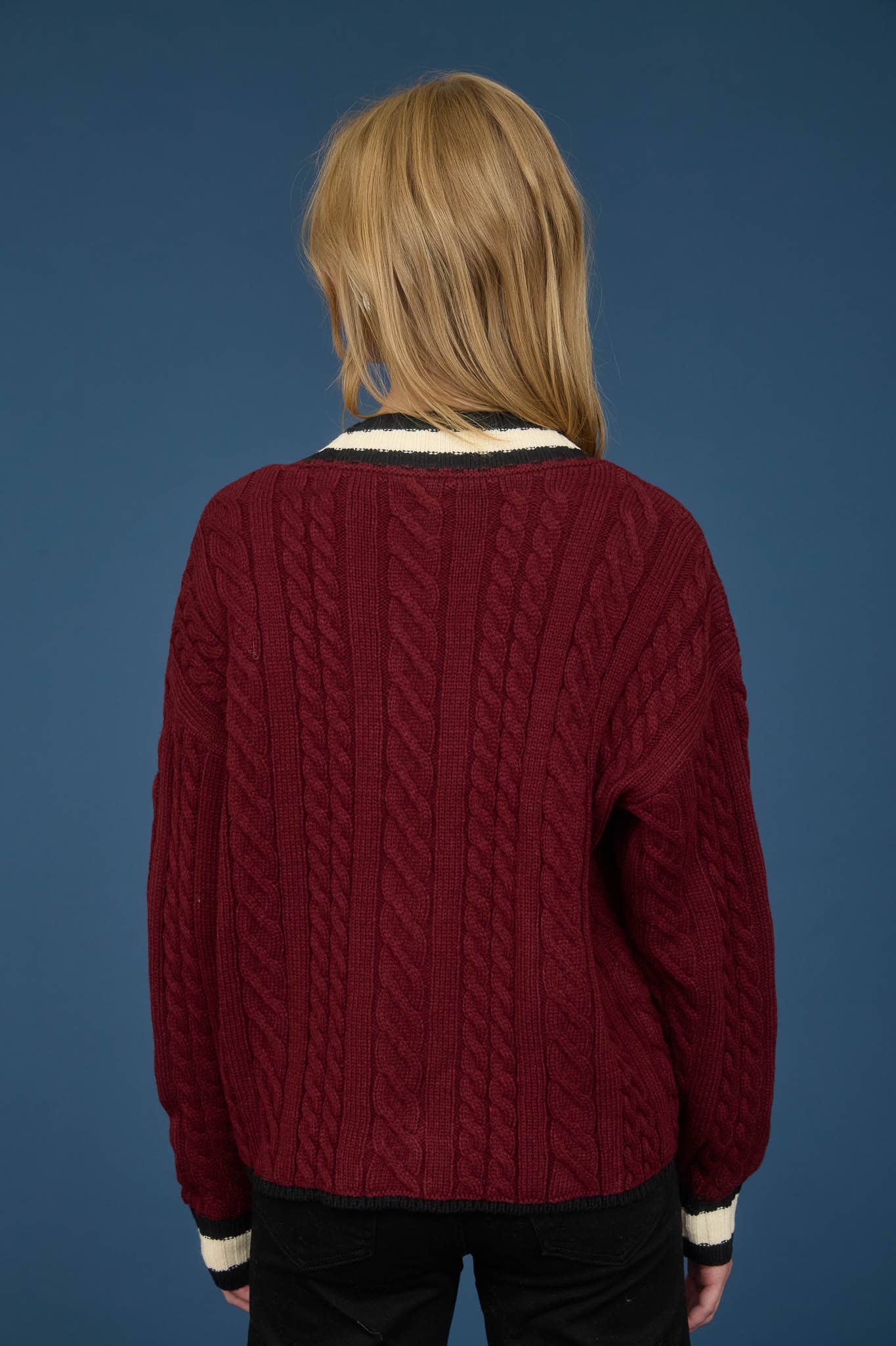 CONTRAST STRIPE TRIM CABLE KNIT BOYFRIEND CARDIGAN