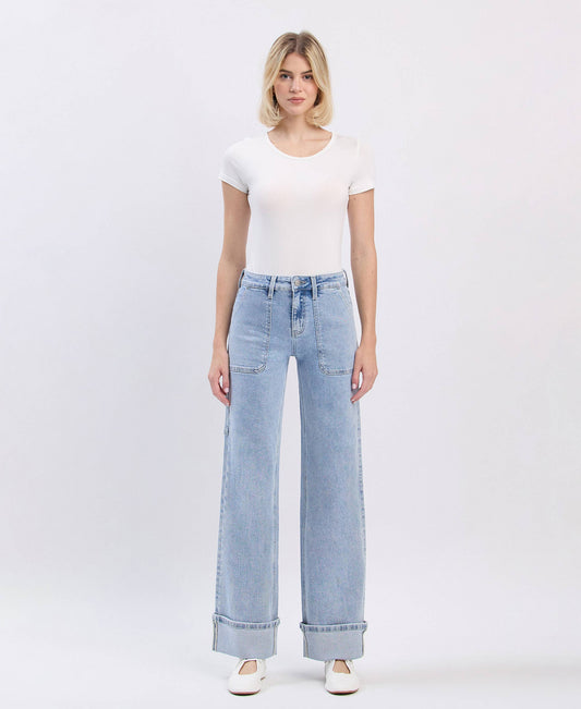 HIGH RISE CARPENTER POCKET CUFFED WIDE LEG JEANS