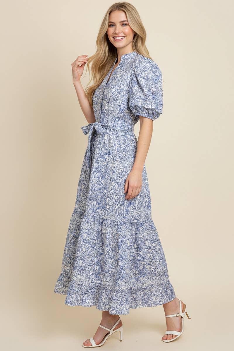 FLORAL PRINT TIERED MIDI DRESS WITH PUFF SLEEVES - 5704DB