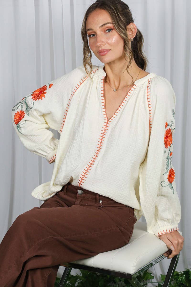 Boho Floral Embroidered  Gauze Blouse