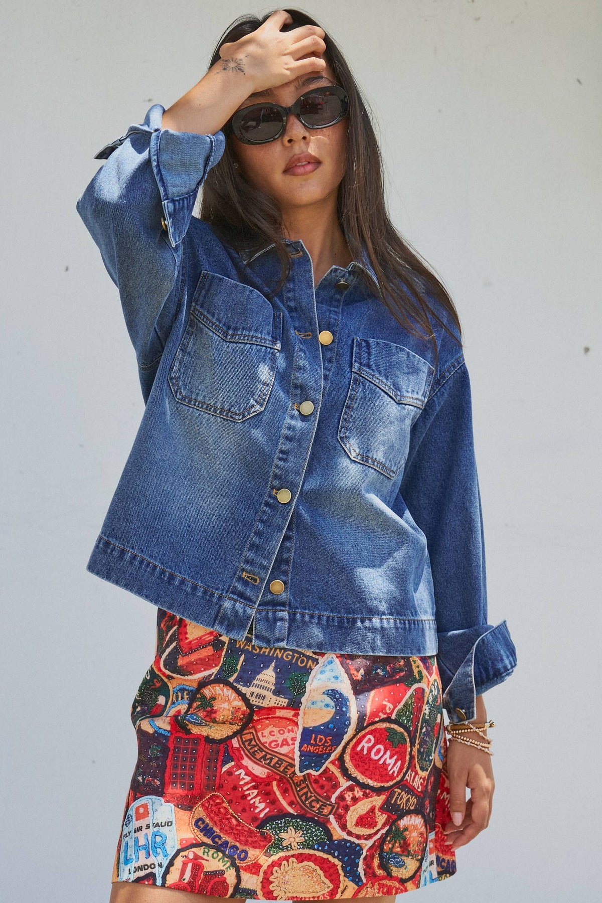 Travel Patch Print A-Line Mini Skirt