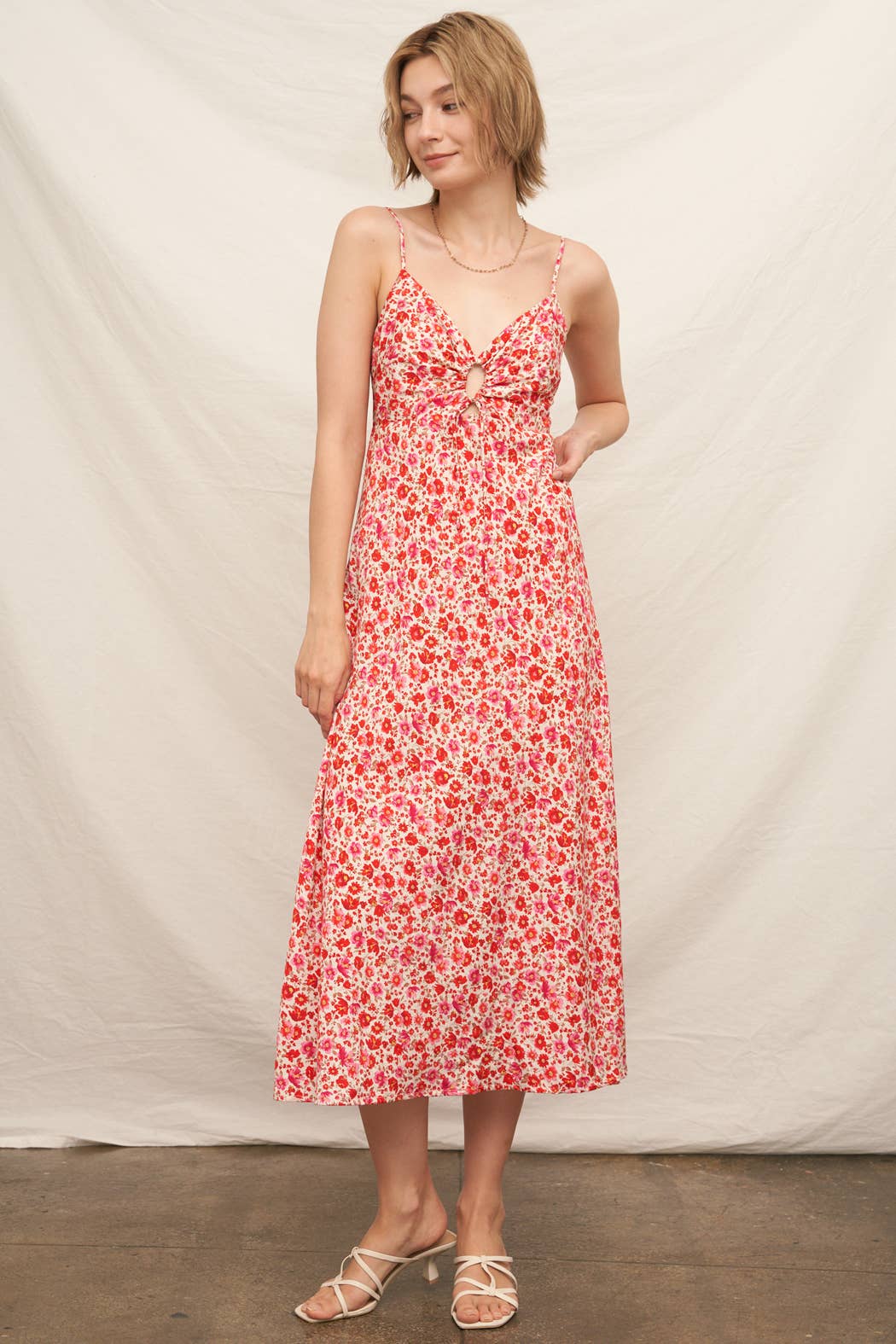 Sleeveless Floral Print Keyhole Detail Midi Dress