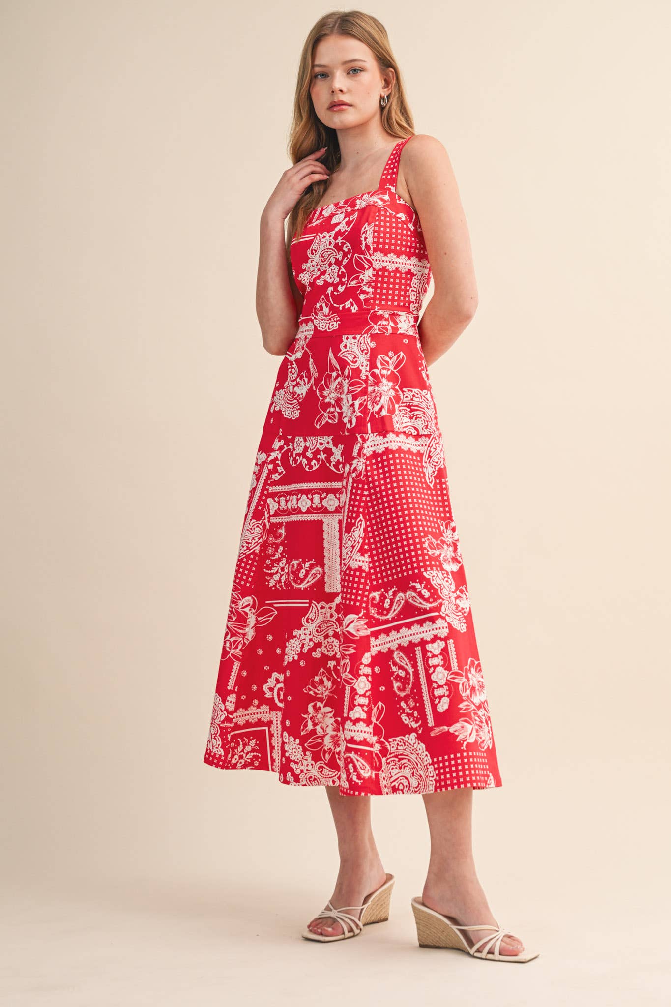 FLORAL PAISLEY PRINT DENIM MIDI DRESS