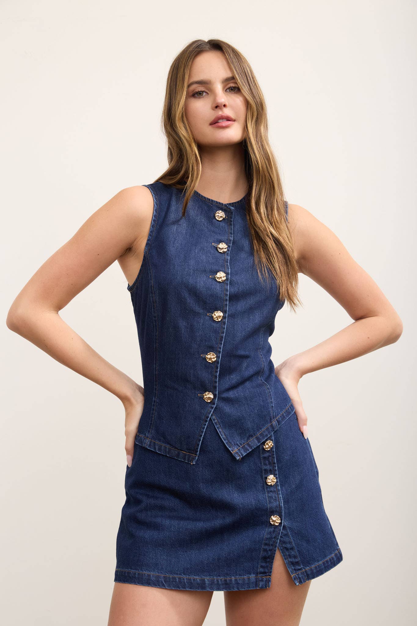 GOLD BUTTON ROUND NECK DENIM VEST TOP