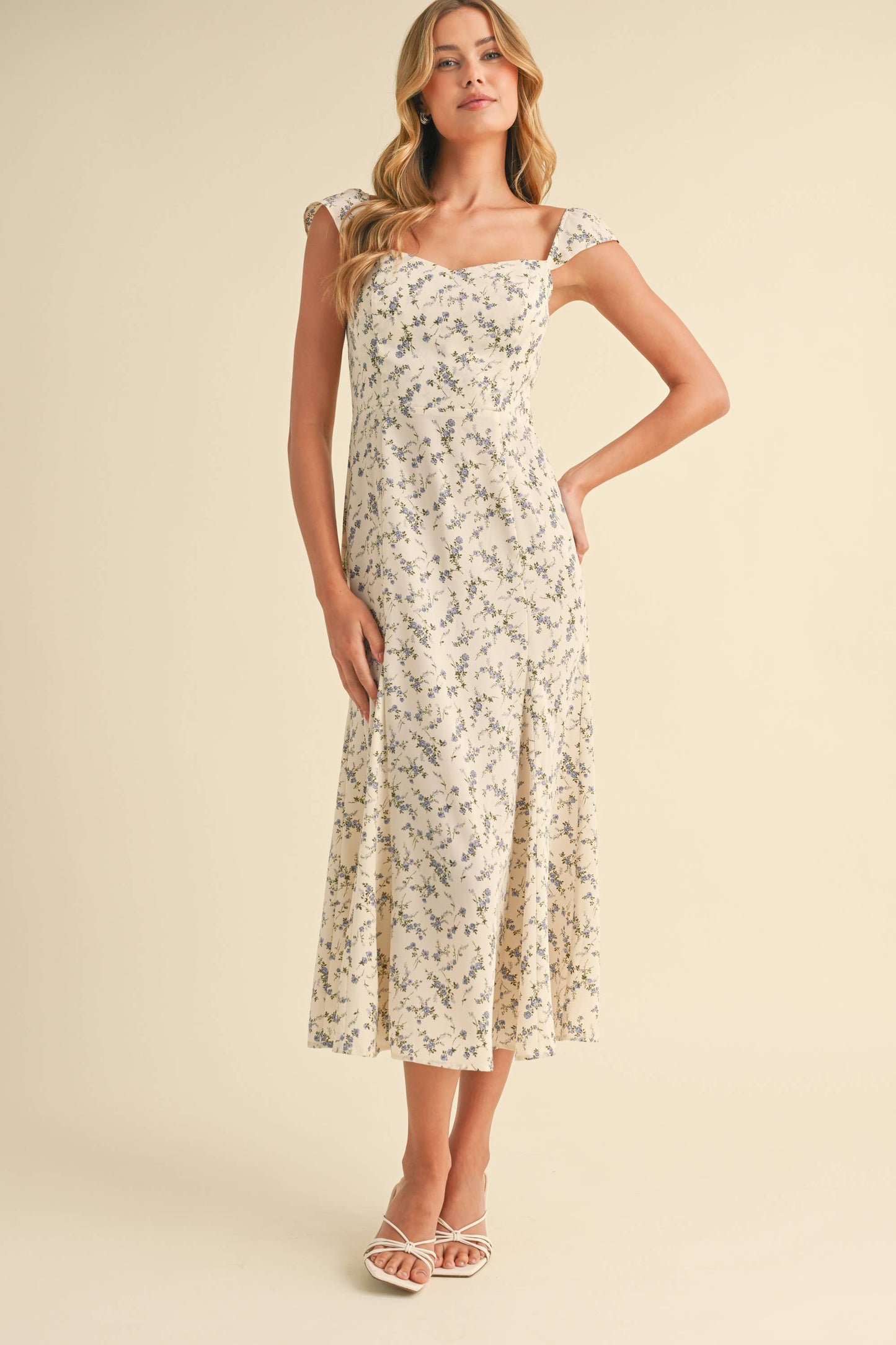 CAP SLEEVE FIT AND FLARE FLORAL PRINTED MIDI DRESS