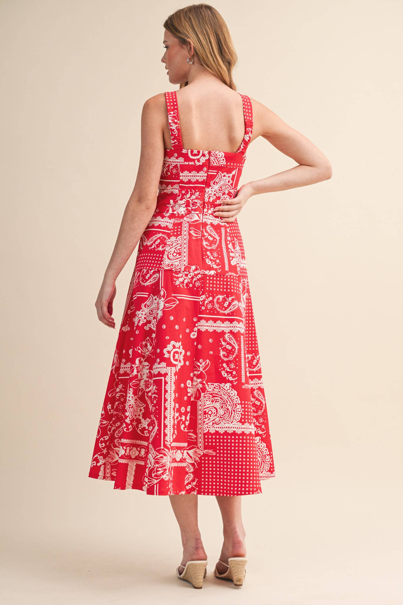 FLORAL PAISLEY PRINT DENIM MIDI DRESS