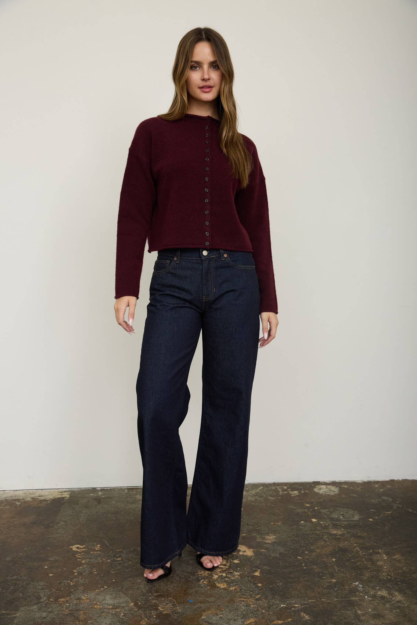 RAW EDGE MOCK NECK BUTTON DOWN CARDIGAN