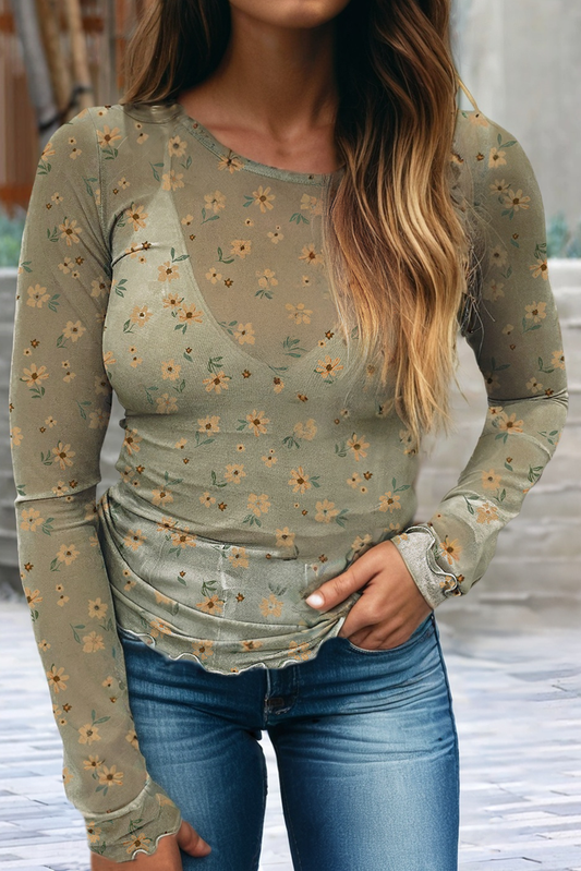 Vintage Floral Print Southern Style Mesh Long Sleeve Top