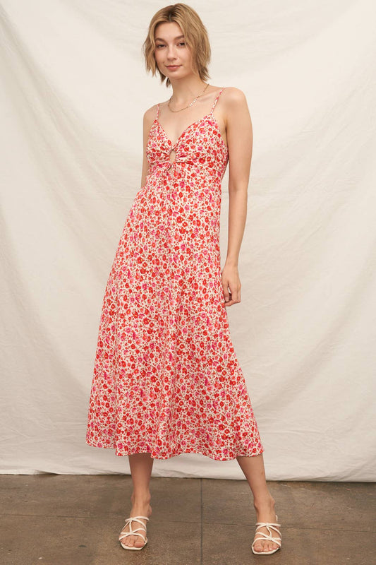 Sleeveless Floral Print Keyhole Detail Midi Dress