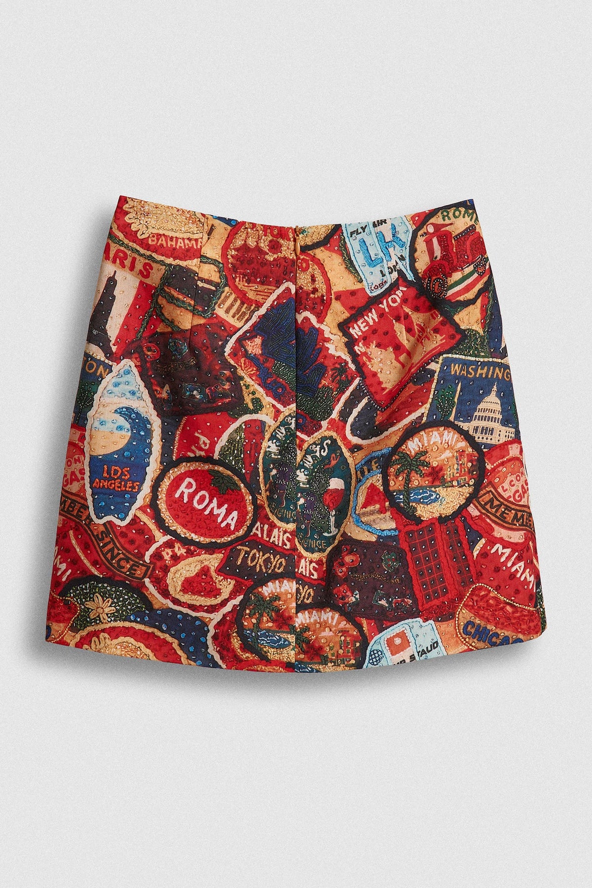 Travel Patch Print A-Line Mini Skirt