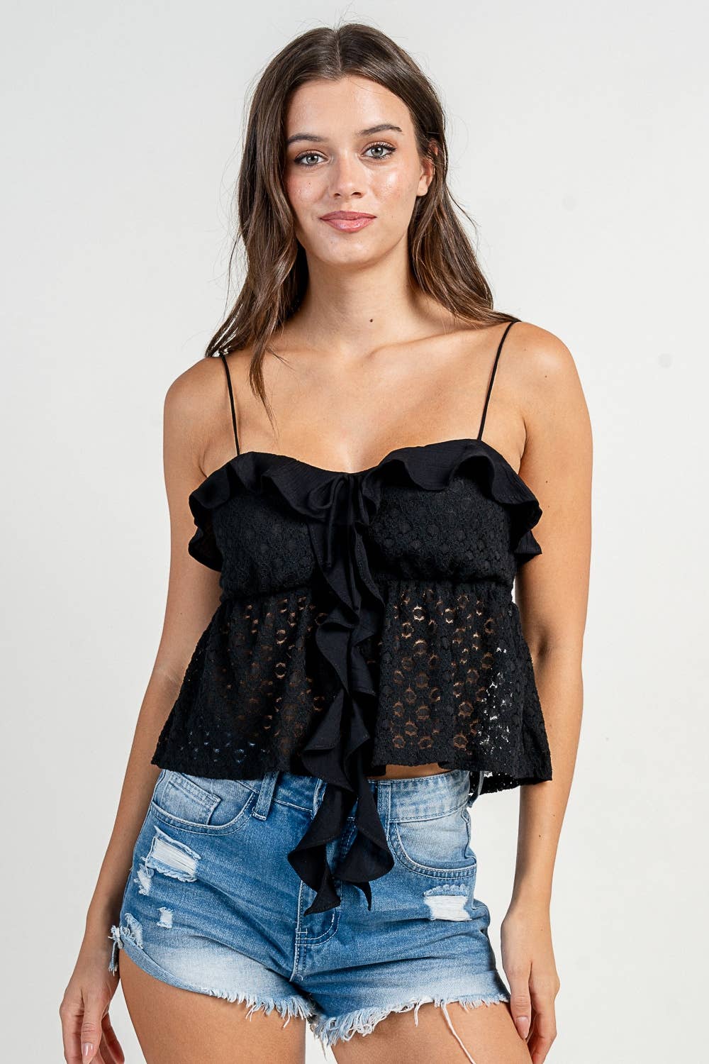 Spaghetti strap tank with CASCADE RUFFLE DETAIL