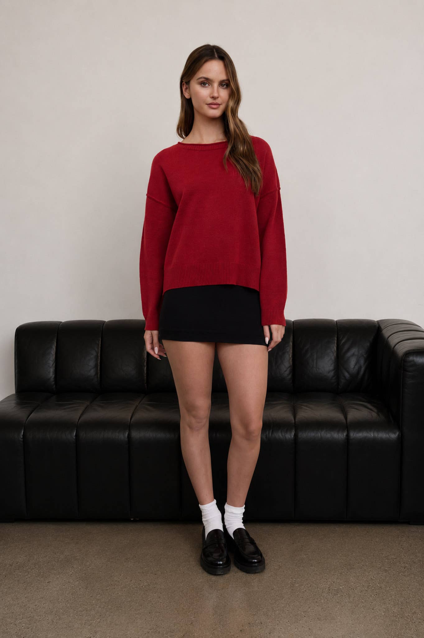 BOAT NECK RAW EDGE RELAXED KNIT PULLOVER SWEATER