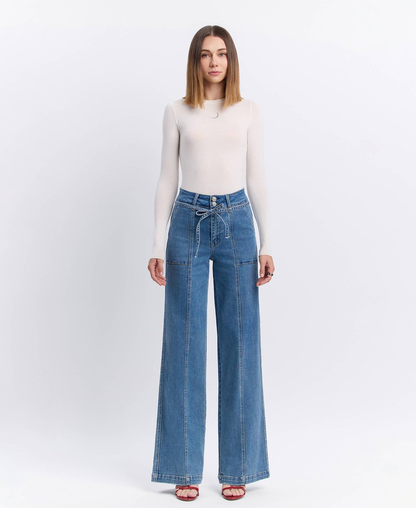 SUPER HIGH RISE TIE WAISTBAND WIDE LEG JEANS