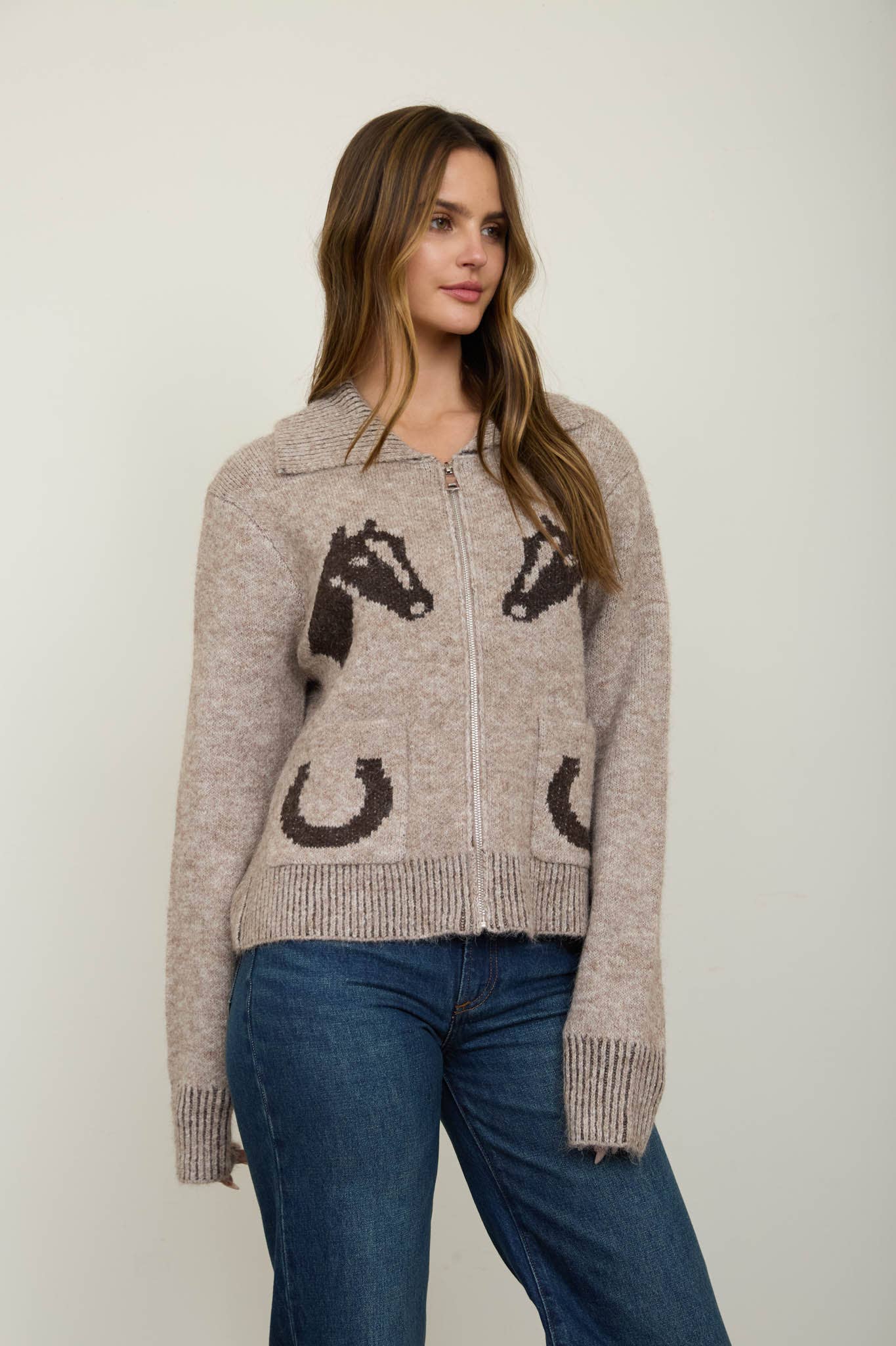 WESTERN JACQUARD COLLARED ZIP-UP KNIT CARDIGAN