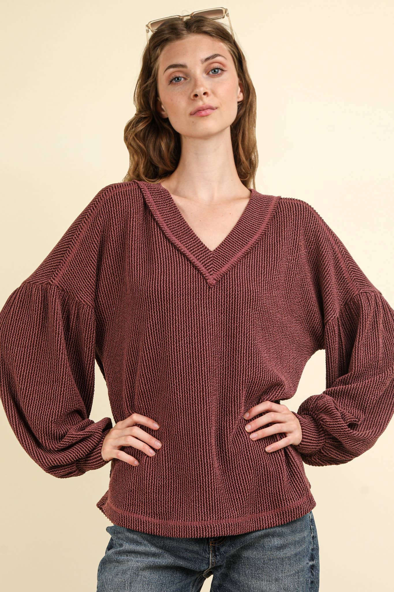 US Two Tone Otto Ribbed V-Neck Oversized Knit Top