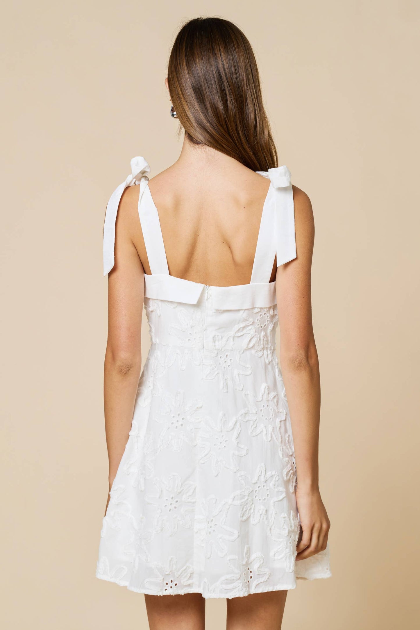 Flower Texture Dress W/ Bow Ribbon Shoulder Ties