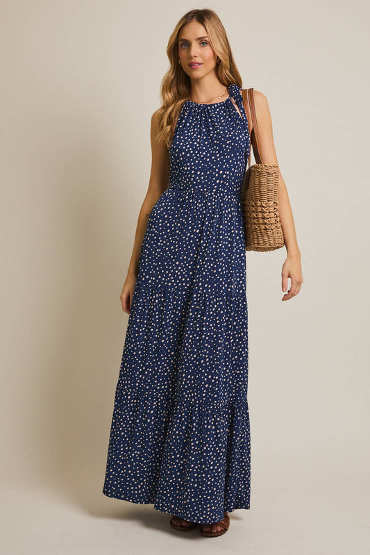 HALTER NECK SLEEVELESS DOT MAXI DRESS
