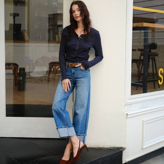 LOW RISE STRAIGHT LEG DENIM JEANS(FINISHED HEM)