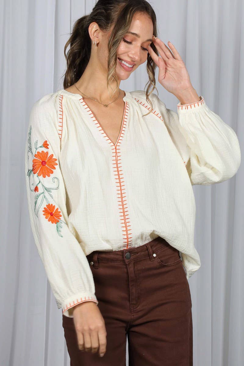 Boho Floral Embroidered  Gauze Blouse