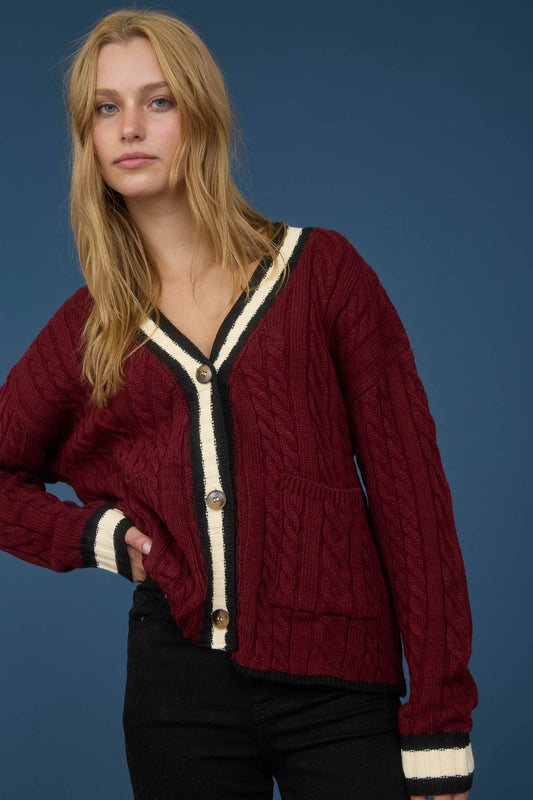 CONTRAST STRIPE TRIM CABLE KNIT BOYFRIEND CARDIGAN