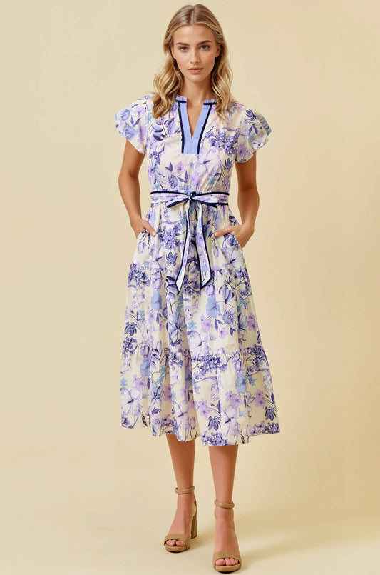 FLORAL PRINT BUBBLE SHORT SLEEVE TIERED MIDI DRESS