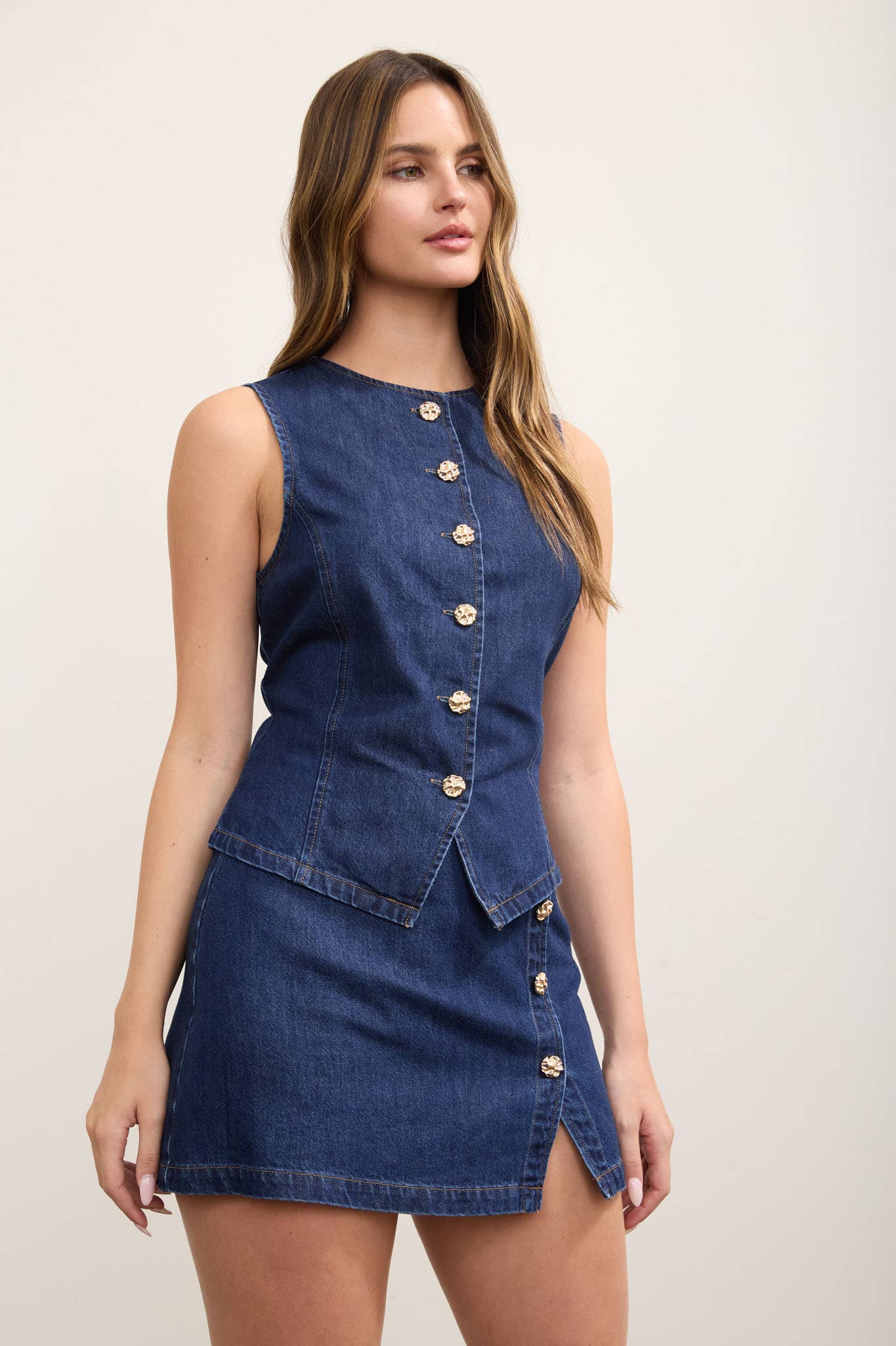 GOLD BUTTON ROUND NECK DENIM VEST TOP