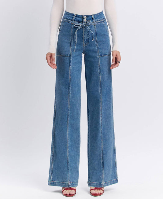 SUPER HIGH RISE TIE WAISTBAND WIDE LEG JEANS