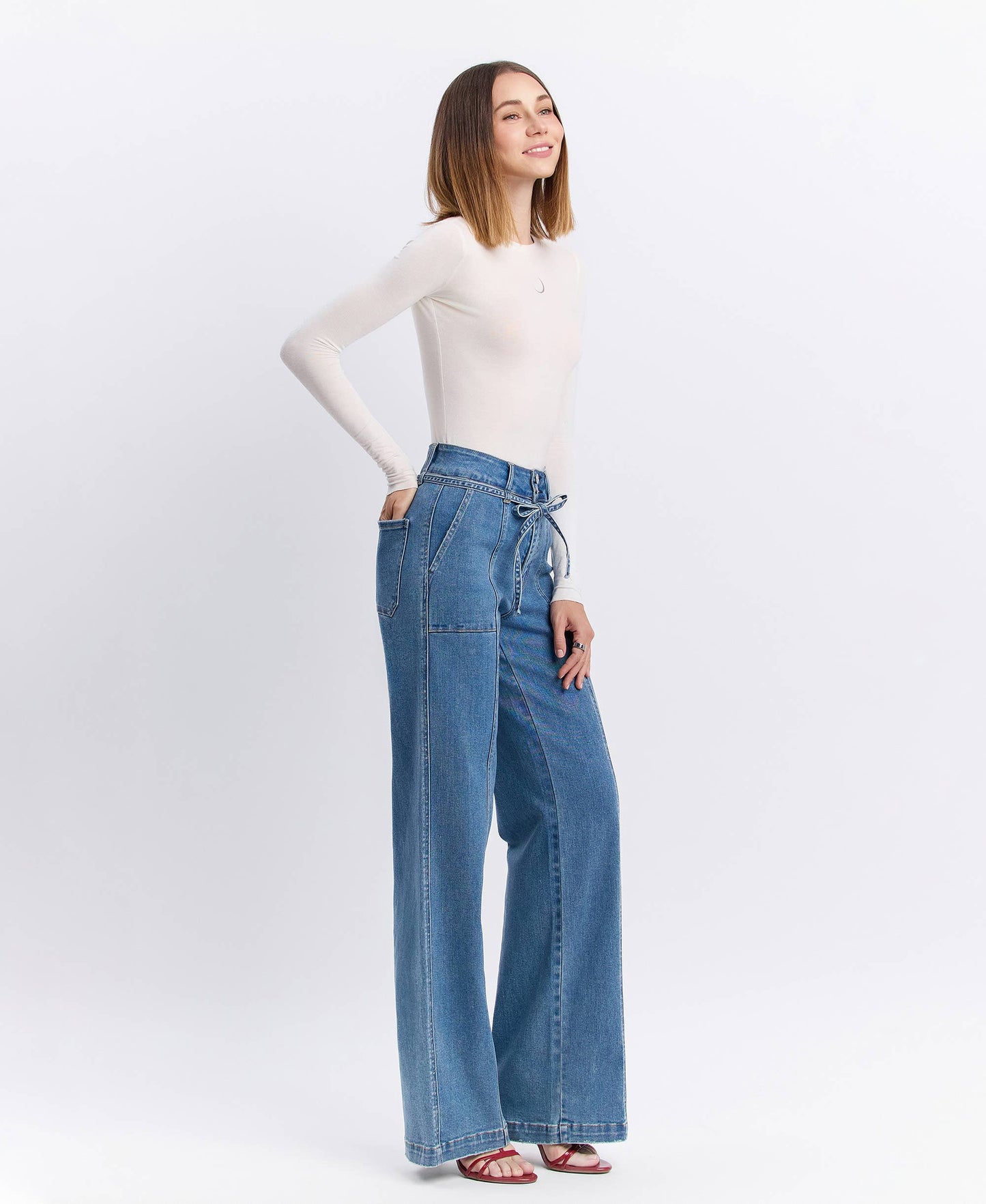 SUPER HIGH RISE TIE WAISTBAND WIDE LEG JEANS