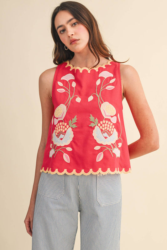FLORAL EMBROIDERY SCALLOPED TANK MTP4915