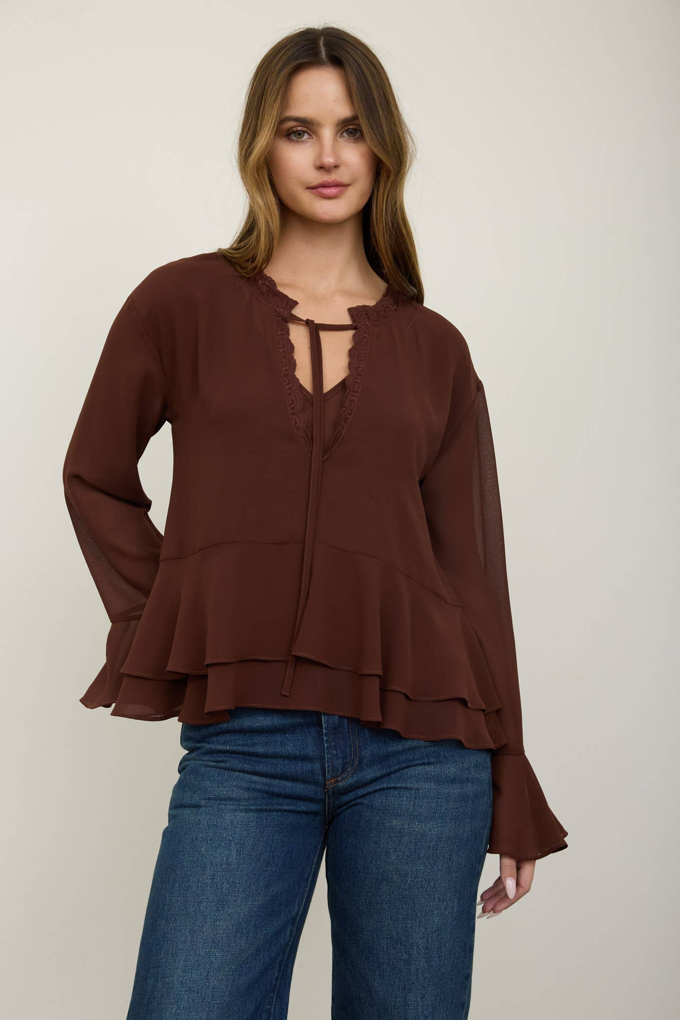 TIERED RUFFLE TIE-NECK LONG SLEEVE TOP