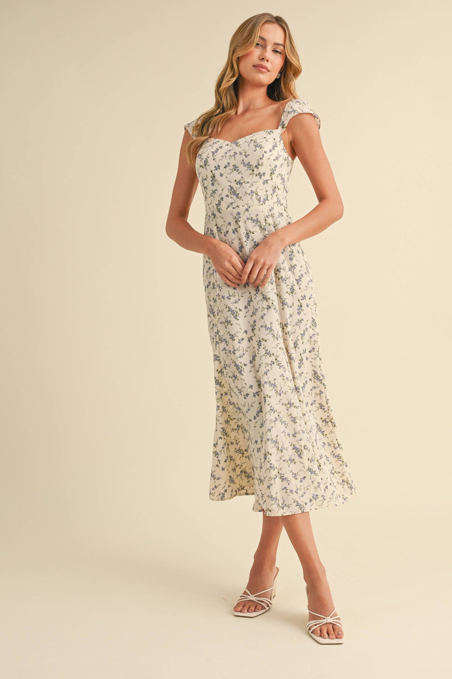 CAP SLEEVE FIT AND FLARE FLORAL PRINTED MIDI DRESS