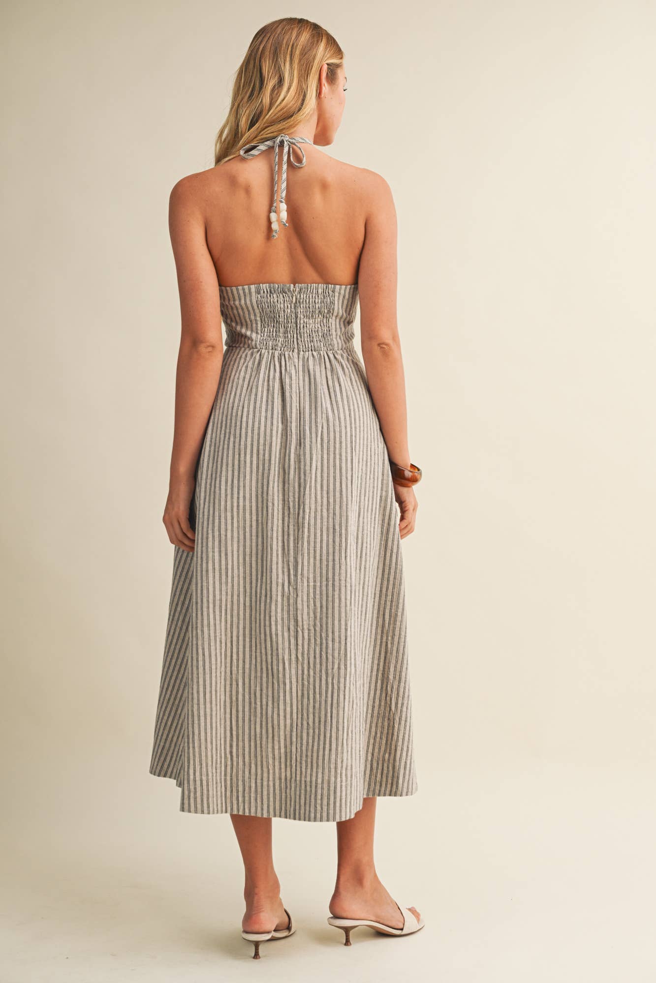 BEADED HALTER STRIPED DRESS