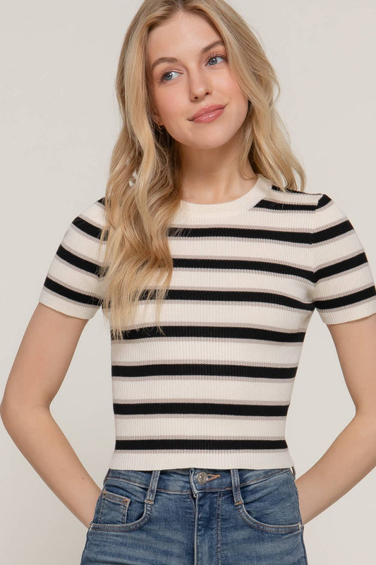 Short Sleeve Crew Neck Multi Stripe Sweater
