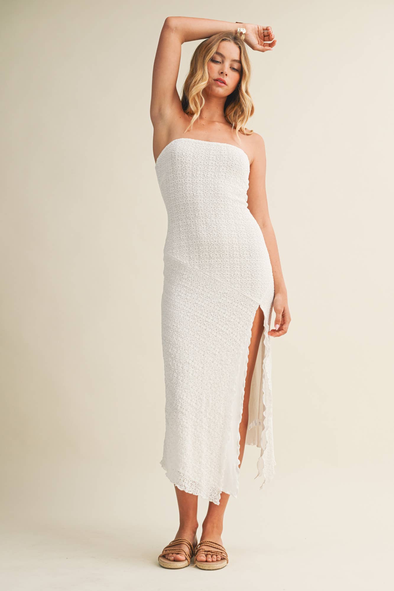 LACE TUBE MIDI DRESS WITH SIDE SLIT