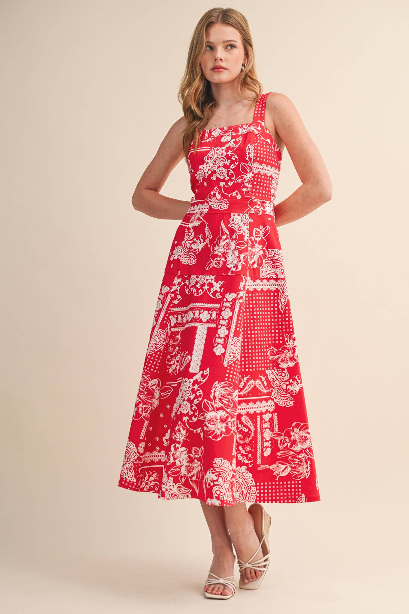 FLORAL PAISLEY PRINT DENIM MIDI DRESS