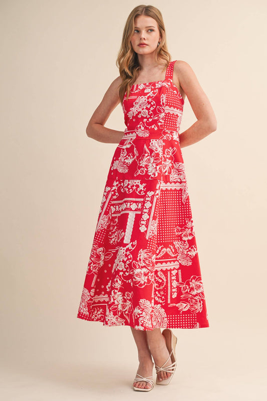 FLORAL PAISLEY PRINT DENIM MIDI DRESS