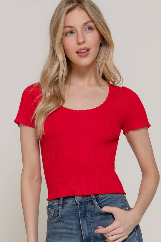 Short Sleeve Scoop Neck With Scallop Detail Sweater