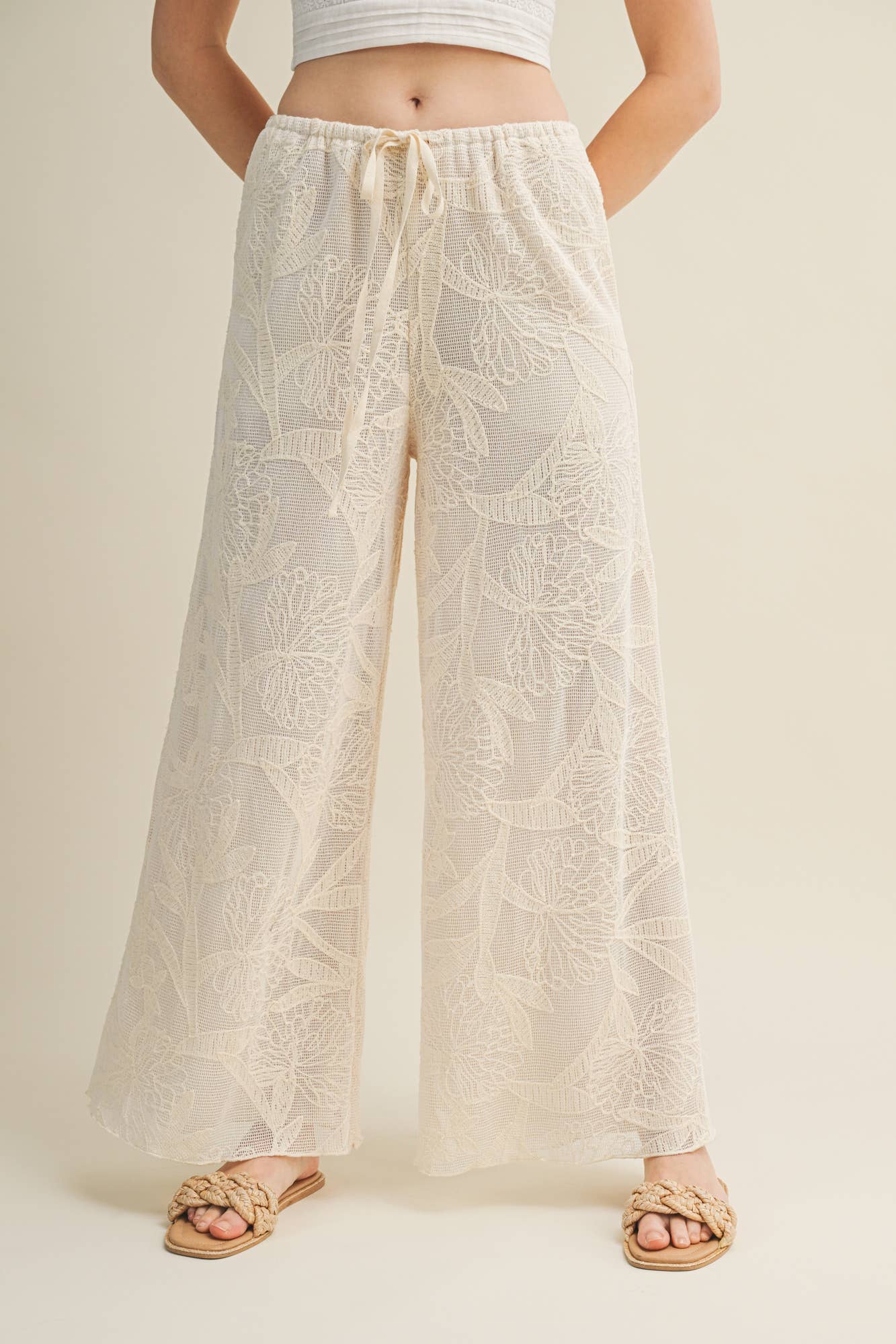 FAUX CROCHET WIDE LEG PANTS WITH WAIST DRAWSTRING