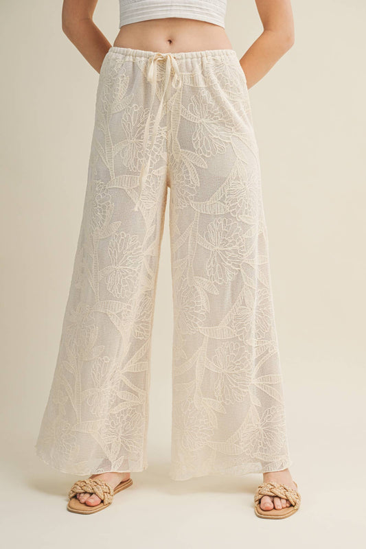 FAUX CROCHET WIDE LEG PANTS WITH WAIST DRAWSTRING