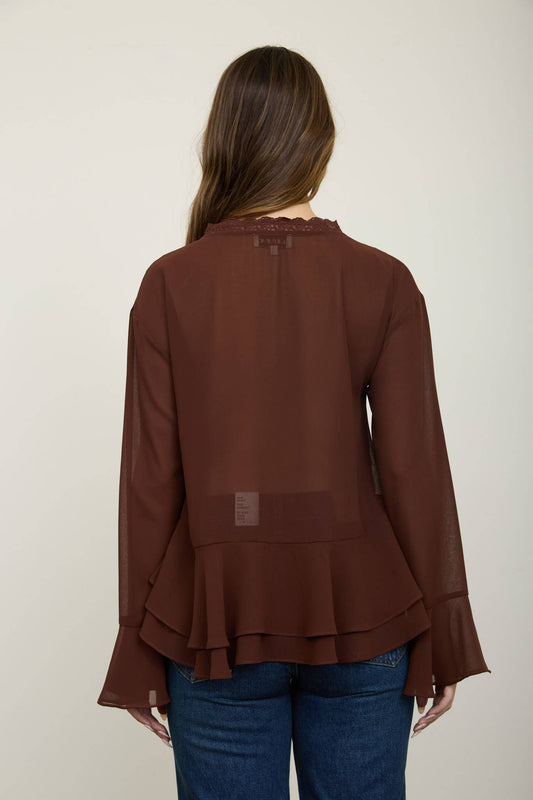 TIERED RUFFLE TIE-NECK LONG SLEEVE TOP
