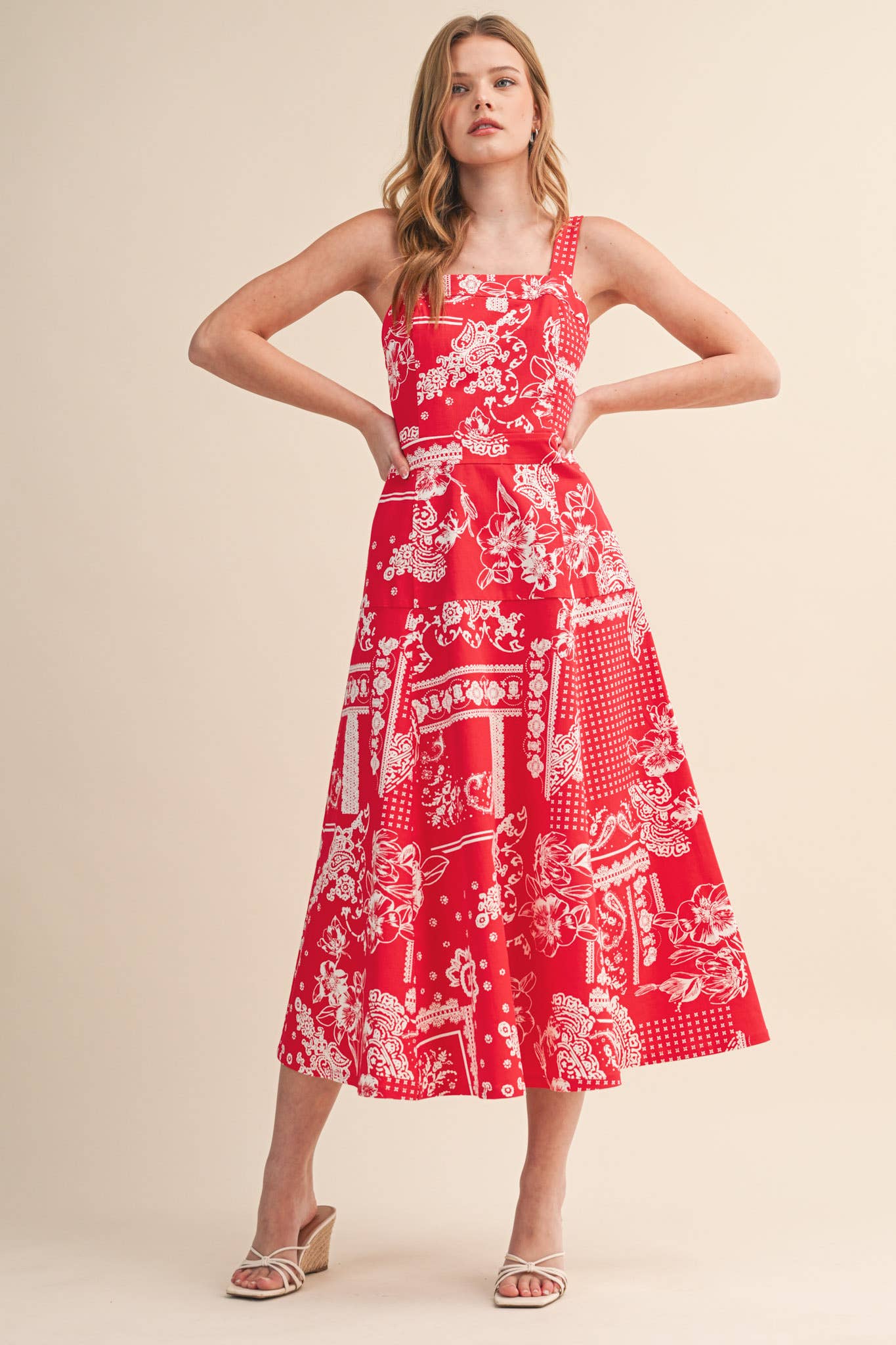 FLORAL PAISLEY PRINT DENIM MIDI DRESS