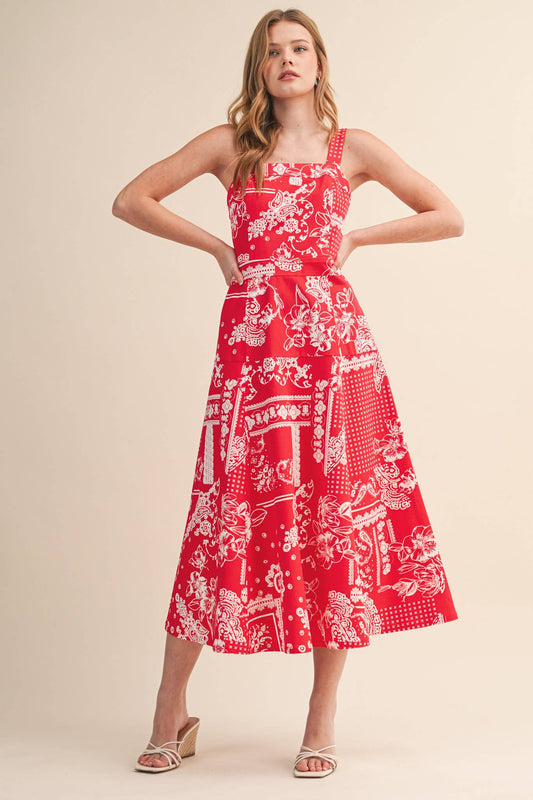 FLORAL PAISLEY PRINT DENIM MIDI DRESS