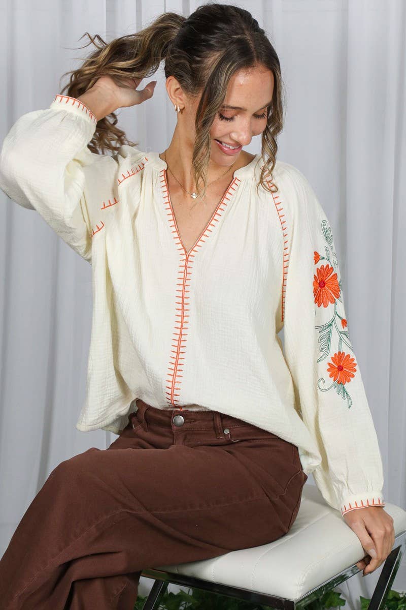 Boho Floral Embroidered  Gauze Blouse